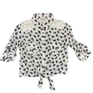 Bongo Skull Blouse L White Tie Front Lace Shoulder Crop Goth Alt Nerd Office Y2K